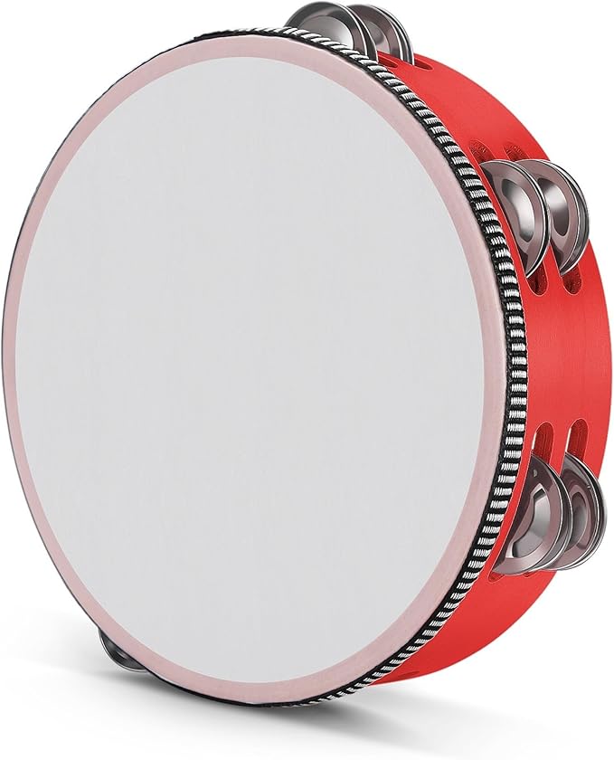 Flexzion Wood Handheld Tambourine Adults 8-Inch Double Row 8-Pair Jingles (Red) - Percussion Round Tamborines Musical Instrument with Metal Zills