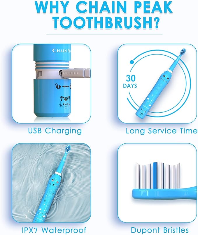 Kids Sonic Electric Toothbrush, Rechargeable Smart Toothbrush for Children Toothbrush for Toddlers Boys Girls Age 3-12 with 30s Reminder, 2 Mins Timer, 6 Modes, 6 Brush Heads, Wall-Mounted Holder