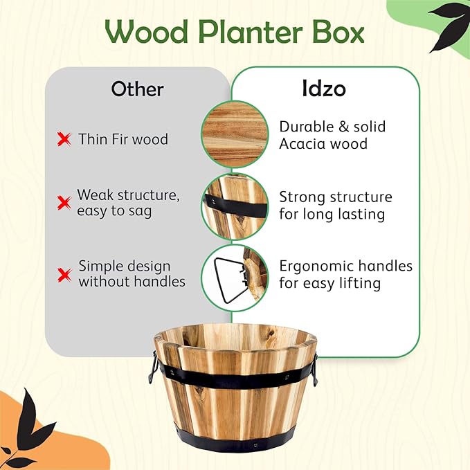 Idzo Set of 3 Wooden Flower Boxes Outdoor, Durable Acacia Wood Barrel Planters for Outdoor Plants with Ergonomic Handles, Drainage Holes, Multiple Sizes Wood Bucket Planter for Home Decor