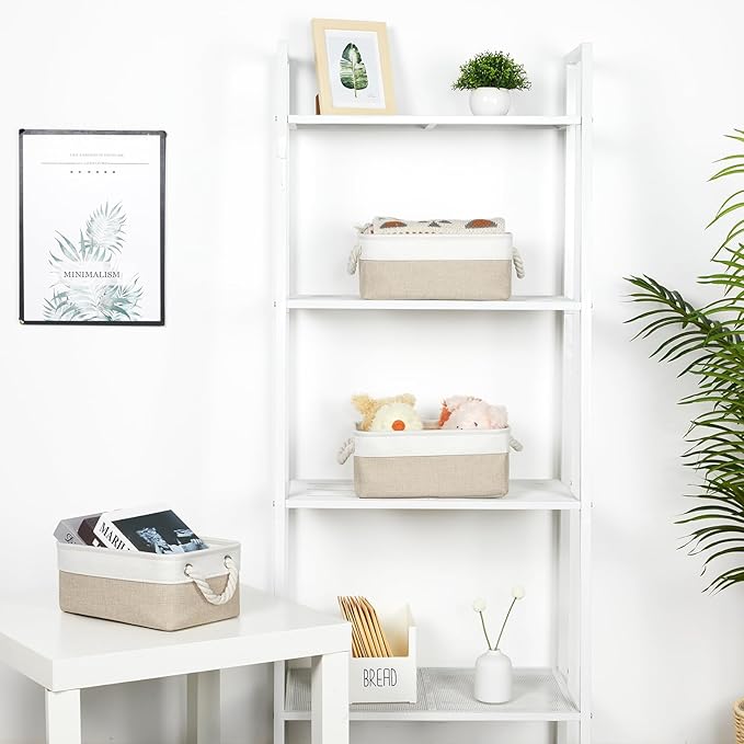 Bidtakay Small Baskets Fabric Storage Baskets for Organizing 3-Pack 12x8x5 Inch Collapsible Storage Bins for Shelves Canvas Bins for Closet Organization Baskets Storage Linen Closet S-White&Beige