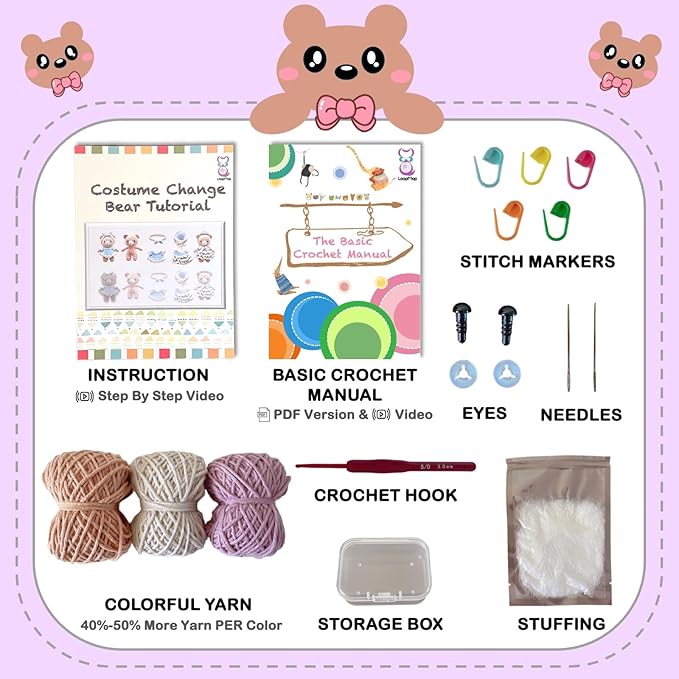 LoopMap Crochet Kit for Beginners - DIY Amigurumi Bear with Removable Dress & Accessories, Step-by-Step Video Tutorials, Extra Yarn, Crochet Tools, Handmade Gift for Kids & Adults(Bear-Purple)