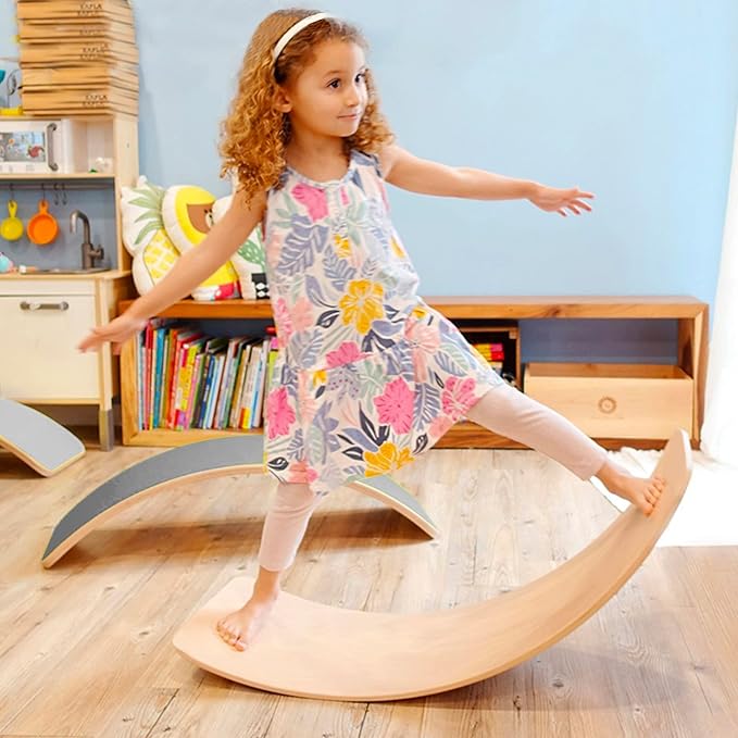 Glintoper 27.5-Inch Wooden Wobble Balance Board - Kid-Friendly Yoga and Body Training Toy