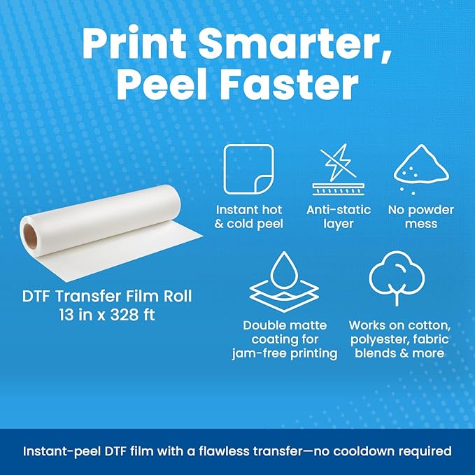 DTF Transfer Film Roll 13inch x 328ft – Instant Hot & Cold Peel – Double Matte Anti-Static Coating – Premium Heat Transfer Film for Vibrant Colors & Durable Prints – Works with All DTF Printers