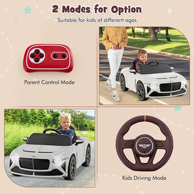 Costzon Ride on Car, 12V Licensed Bentley Bacalar Battery Powered Kids' Electric Vehicles w/Remote Control, Scissor Doors, Wireless Connection, Lights/Sound Effects, Kids Car Toys for Toddlers(White)