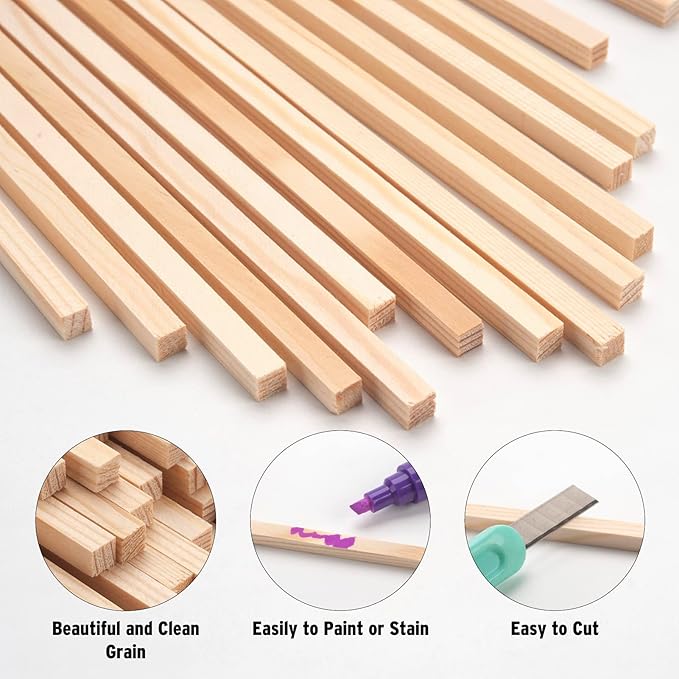 1/4" x 15"Square Wooden Dowel Rods, 50PCS Small Square Wooden Dowels Unfinished Wood Craft Sticks Hardwood Pieces Wooden Strips for Arts and DIYers, DIY Projects Home Decor Woodworking