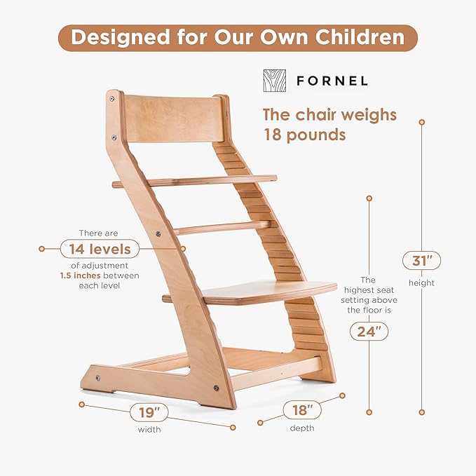 FORNEL Scandinavian Wooden High Chair | The Adjustable Grow-with-Me Chair, A Smart & Affordable Alternative to Stokke Tripp Trapp | Natural Wood Finish