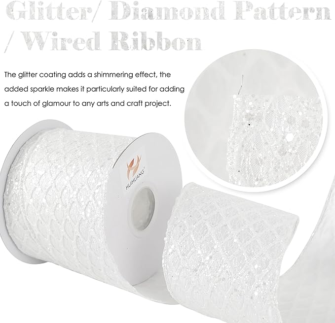 HUIHUANG White Glitter Wired Ribbon, 4 Inch x 30 Ft, Geometric Pattern, Polyester Material, Christmas Occasion