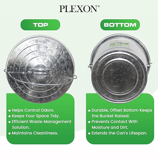 Plexon 6 Gallon Small Metal Trash Can with Locking Lid Galvanized Metal Bucket with Lid for Poultry Feed Bird Seed Storage Ash Outdoor Garbage Trash Bin 2 Pack