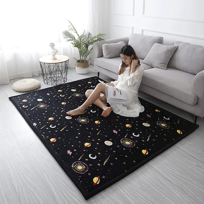 Loartee Coral Velvet Area Rug - 1" Thick Memory Foam Baby Play Mat, Washable Toddler Carpet, Home Decor for Living Room, Nursery, Kids Bedroom, Astral Black, 6'7"x6'7"
