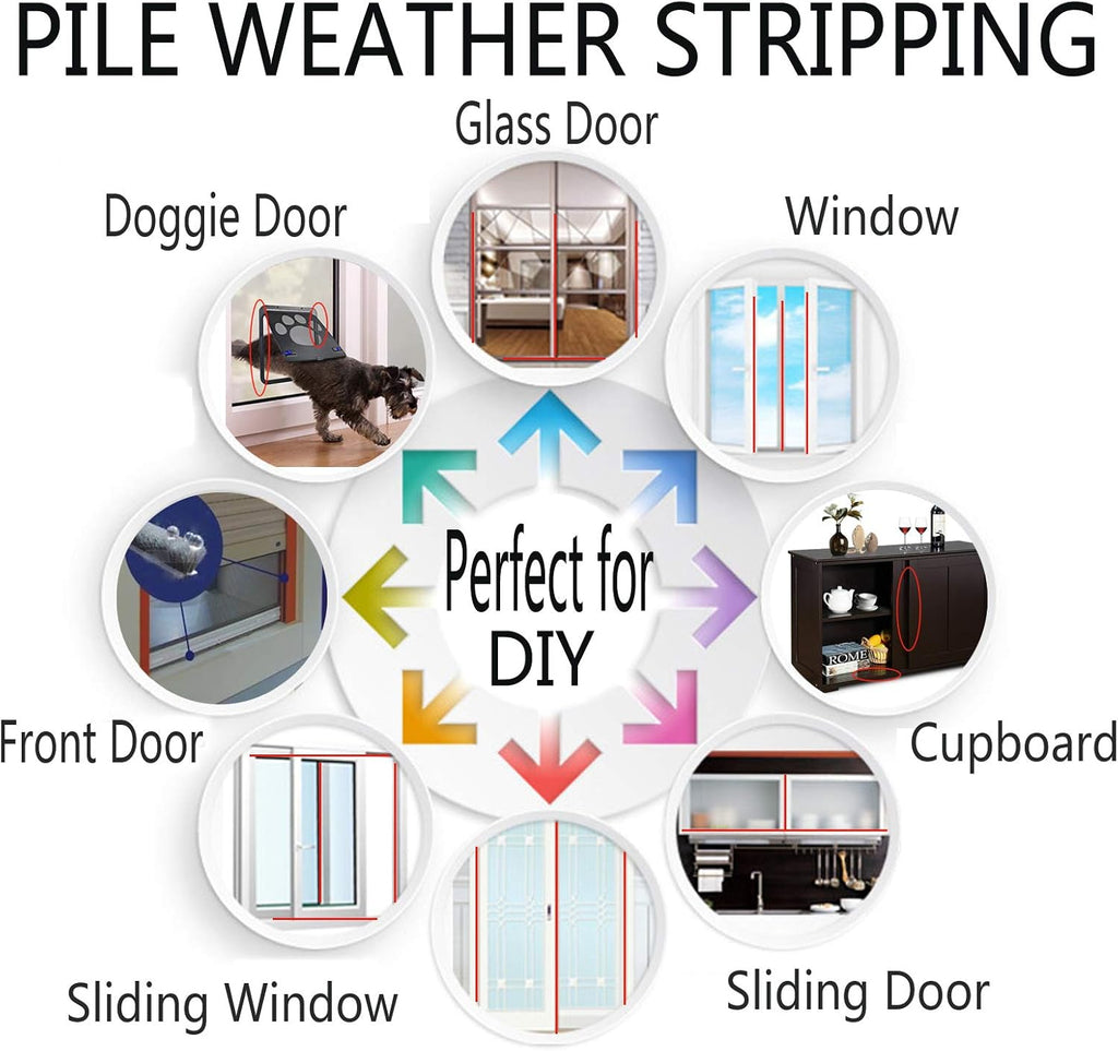 Weather Stripping Brush for Sliding Windows/Doors Frame Side,Pile Self Adhesive Weatherstrip Seal Strip Sealer Draft Stoppers (33ft x11/32 Backing x 3/16 Brush inch, Black)