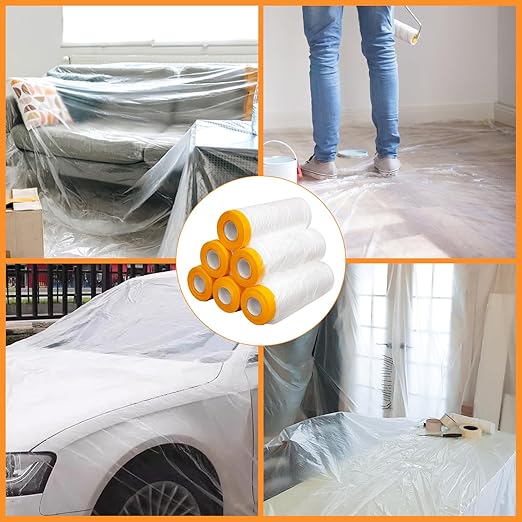 uyoyous 6 Rolls 9x67 ft Painters Plastic with Tape, Pre-Taped Masking Film, Tape and Drape, Paint Adhesive Protective Film Roll for Automotive Painting Covering, Cars, Auto Body, DIY Projects