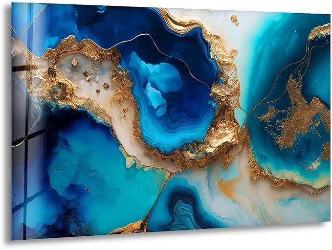 My Photostation.com 28Wx18H'' Blue Alcohol ink Glass Wall ArtTempered Glass Printing Wall Decor Large Wall Art Wall Hangings