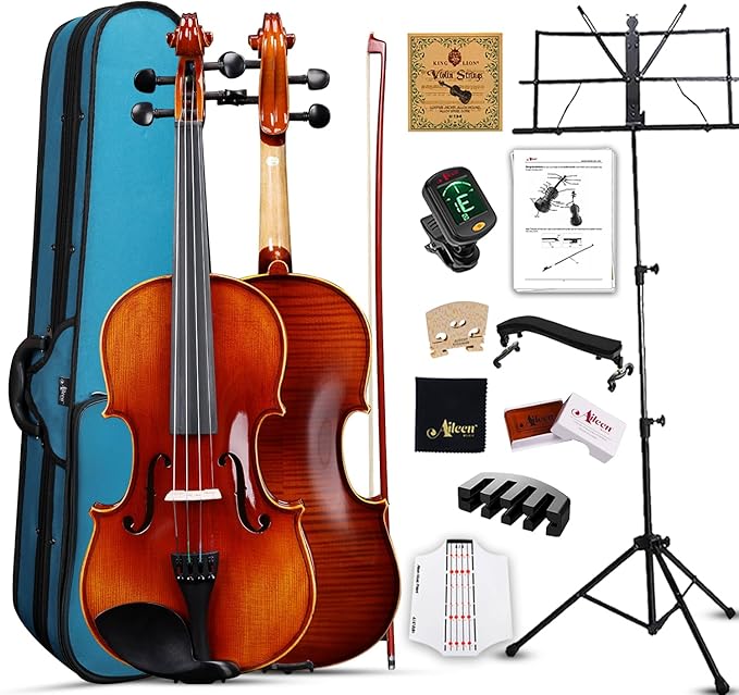 Aileen Solid Wood Violin 4/4 Full Size for Adults and Kids Age 12+, Fiddle Set for Beginners Student, Professional Violin Starter Kit with 12 Accessories (Selected European Solid Spruce and Maple)