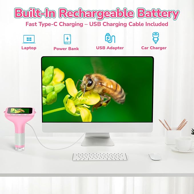 3" Screen Digital Microscope for Kids: 1000X Rechargeable Mini Pocket Portable Miniscope Magnifying Glass 4K Coin Jewelry Loupe Edu Science STEM Toy Xmas Gift 4-12 Boys Girls
