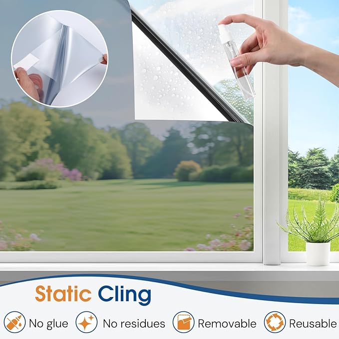 Homein One Way Privacy Window Film with Tool Window Tint for Home Film See Out Not in Heat Control Sun Blocking Mirror Reflective Anti UV Covering Static Cling No Glue Sliver 17.5 x 78.7 inch
