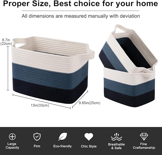 OIAHOMY Storage Basket, Woven Baskets for Storage, Cotton Rope Basket for toys,Towel Baskets for Bathroom - Pack of 3, Gradient Blue