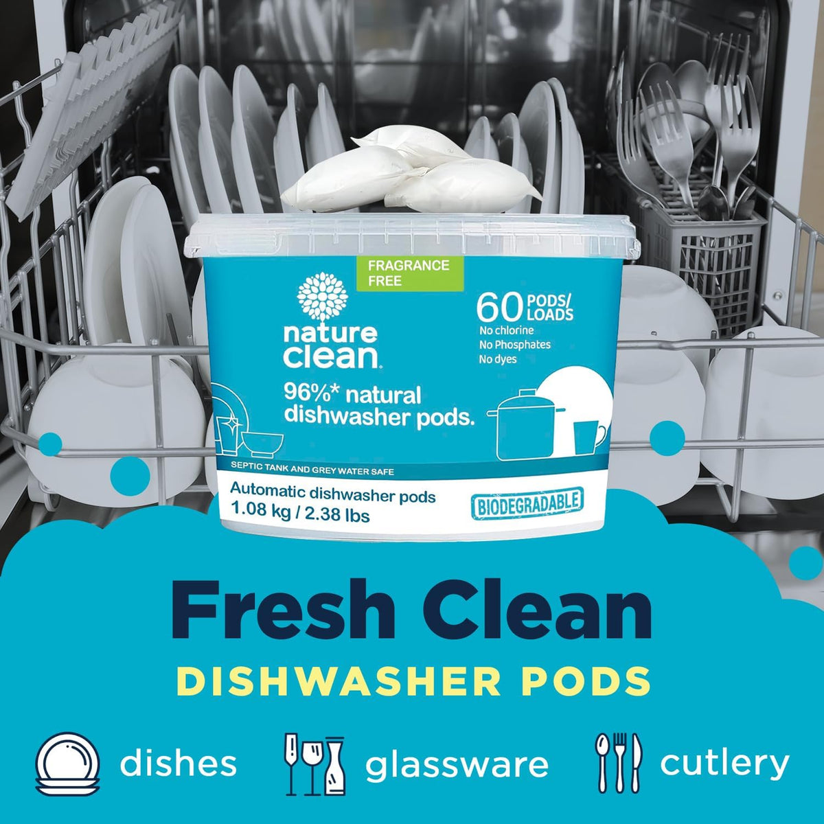 Nature Clean All Natural Dishwasher Pods, Plant-Based Non Toxic Dishwasher Detergent Pods, Dishwashing Pods Tough on Grease, Dish Pods for Dishwasher, Unscented Dishwasher Pods, 60 Count, Pack of 2