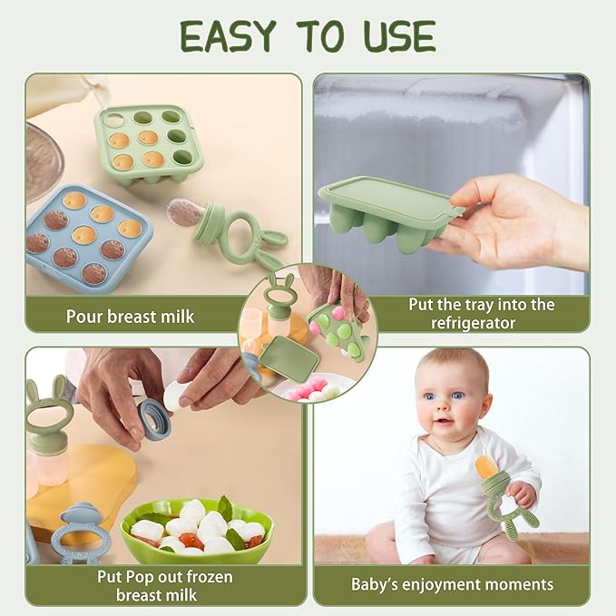 WAJIAYON Easter Bunny Baby Breastmilk Popsicle Molds & Baby Fruit Feeder,Infant Food Freezer Tray Storage Containers, Silicone Teething Pacifier Feeder and Teether for Babies,Moss and Fawn