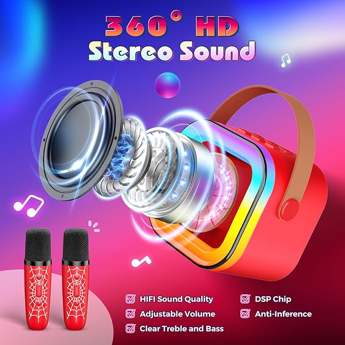 LED Karaoke Machine Toy: Mini Microphone for Kids 4 5 6 7 8 9 10 Year Old Boys Girls Toys Birthday Gifts Portable Bluetooth Speaker with 2 Wireless Mics for Adults Boy Girl Ages 3-12