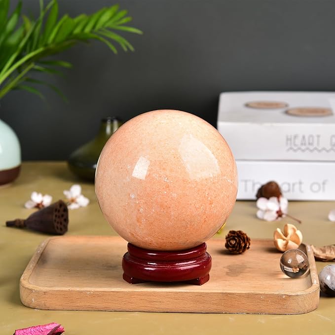 JIC Gem Big Sparkling Quartz Crystal Ball Sunstone Healing Crystal Gemstone Sphere with Decorative Wooden Stand for Meditation Gifts Decoration (80-90mm)
