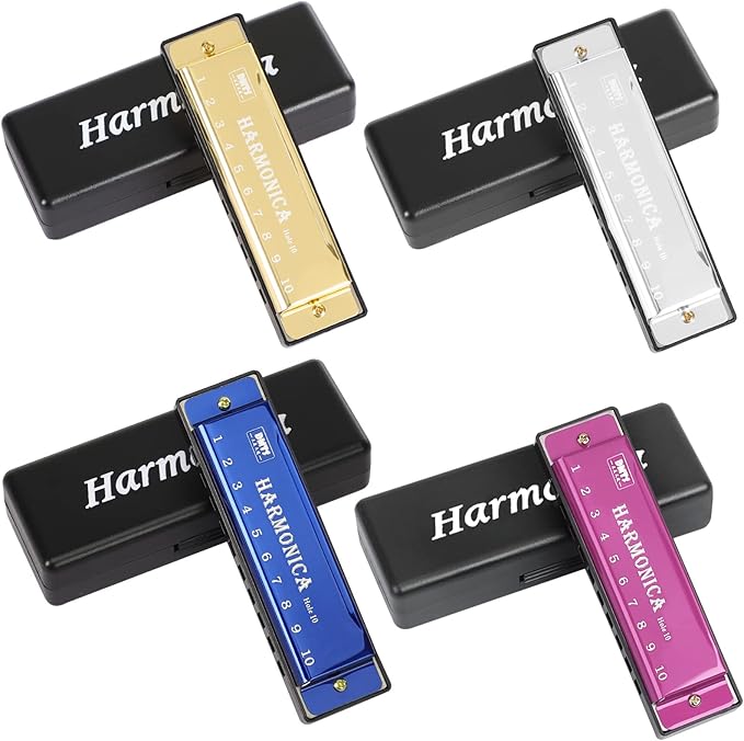 UPINS Harmonica, 4PCS Key of C 10 Hole 10 Tones Titanium Color Harmonica with Case for Beginner Students(Gold, Silver, Pink, Blue)