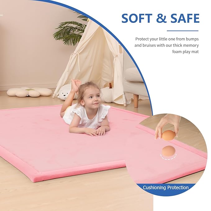 Baby Play Mat for Floor,1.3" Thick Memory Foam Tummy Time Mat for Toddlers,Infants,Kids,Water-Repellent Soft Nursery Rug,Extra Large Non Slip for Crawling&Yoga,Tatami Style for Living Room(Pink)