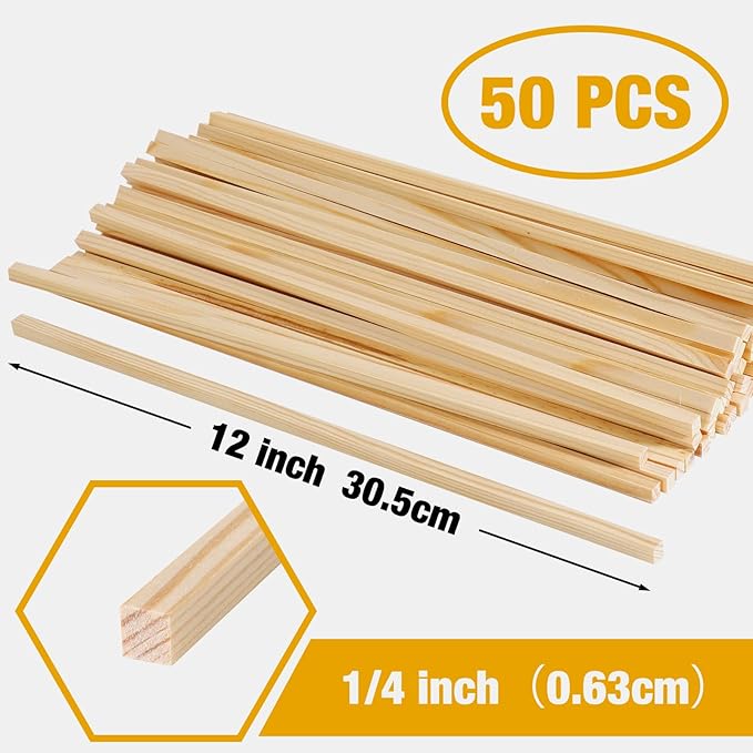 Square Wood Dowels Wooden Dowel Rods for Crafting 1/4"x 12", 50 PCS Square Wooden Sticks for Crafts, Unfinished Pine Hardwood Sticks for Models Making Miniatures Woodworking Dollhouses