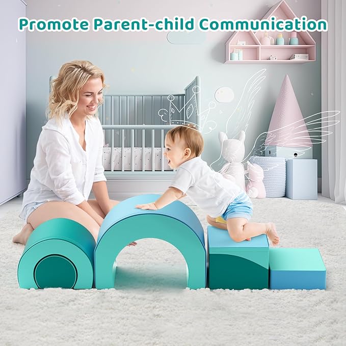 Lischwert Foam Climbing Blocks, Soft Climbing Toys for Toddlers, 5 Pieces Crawl and Climb Foam Playset with Foldable Block and Tunnel, Indoor Climber Activity Play Set for Kids Age 1+