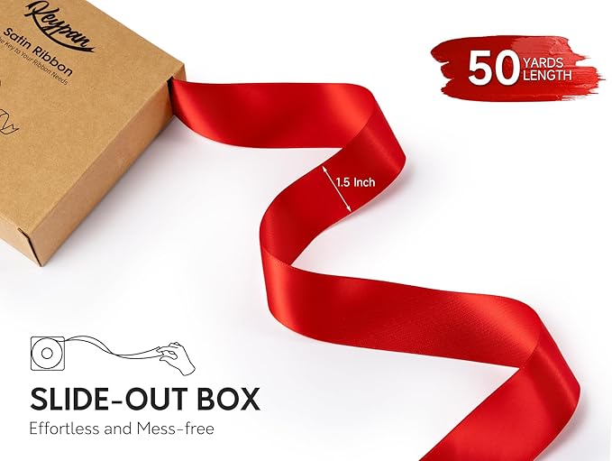Red Satin Ribbon 1-1/2 Inch x 50 Yards Double-Faced Ribbons for Christmas Gift Wrapping Flower Bouquet Wedding Paper Bows Invitations Crafts
