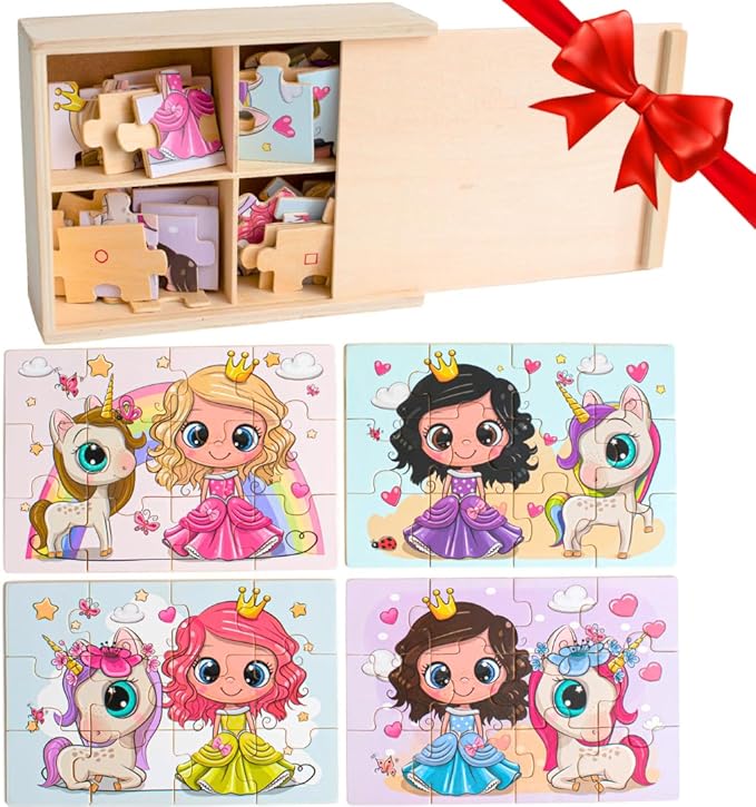 4-in-1 Princess Jigsaw Puzzles for Kids, Wood Puzzles for Kids Ages 3-5 48 Piece Wooden Puzzles for Toddlers 3-5, Wooden Puzzles for Toddlers, Essential Skills Gift for Girls Princesses