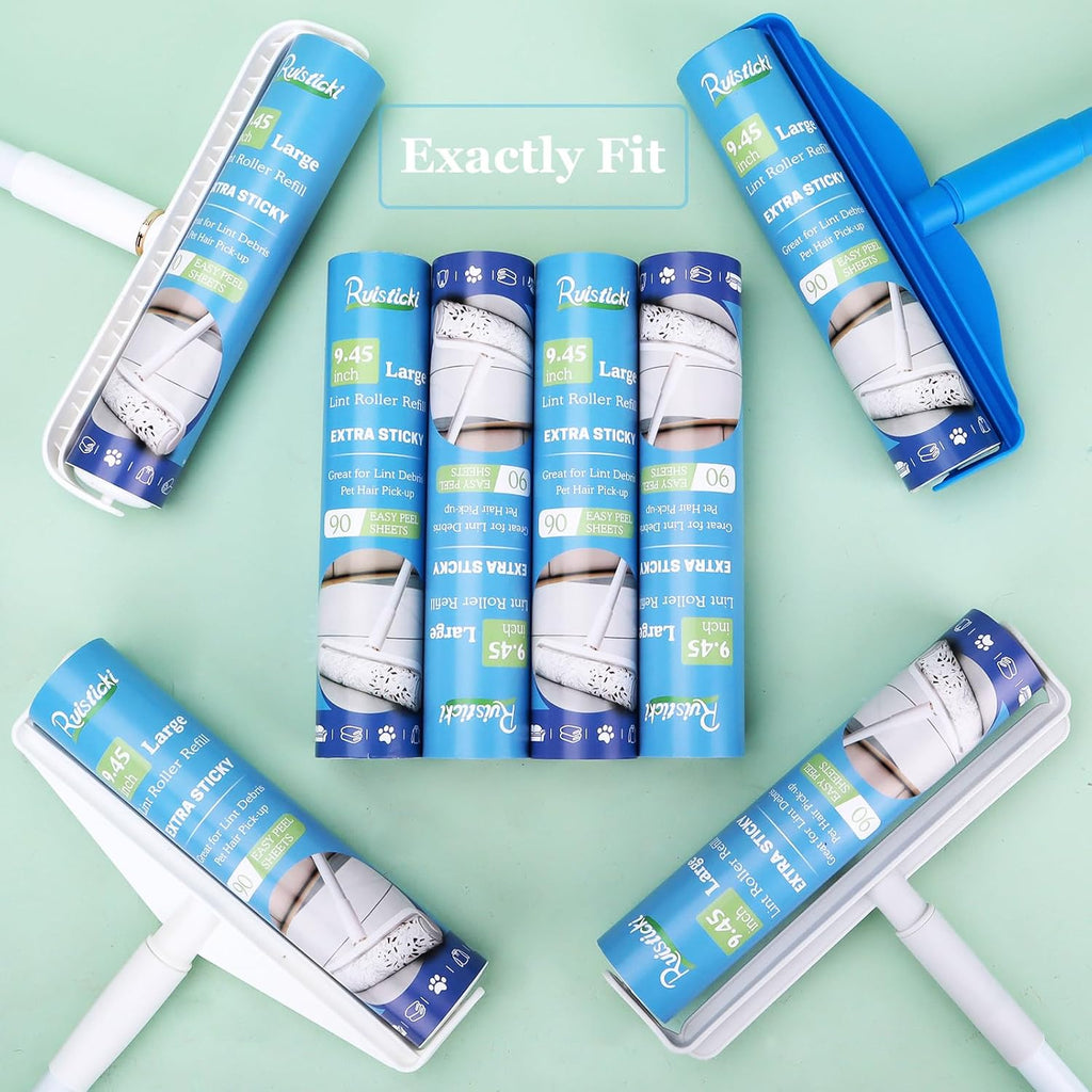 9.45 inch Lint Roller Refills for Large Long Handle Lint Rollers for Carpet 9.45'' Extra Sticky Floor Lint Roller 4 Pack of Refills Only, 90 Sheets per Refill, 360 Sheets Total