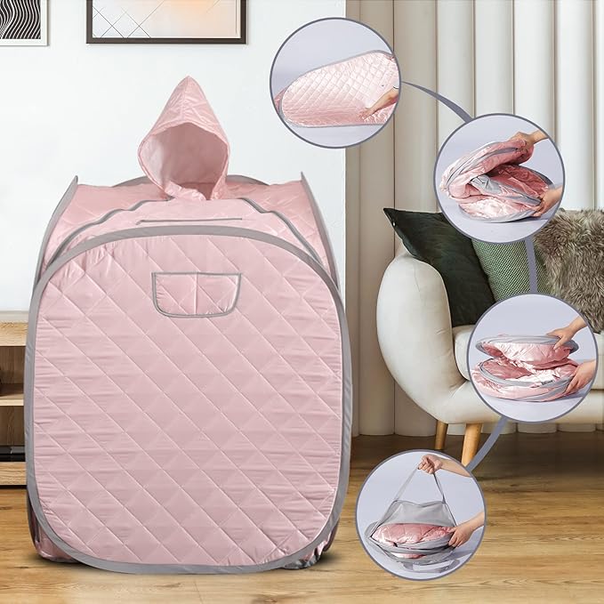 Smartmak Portable Sauna Kit, one Person Full Body at Home Spa Hat Tent, Include 2L Steamer with Remote Control for Detox US Plug- Pink