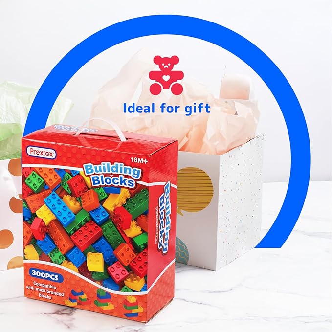 PREXTEX Building Blocks for Toddlers - 300 Jumbo Building Bricks with Carrying Box for Easy Storage - 5-Color Build Toys and Gift Set for Kids Ages 3 and Above - Compatible with Major Brands