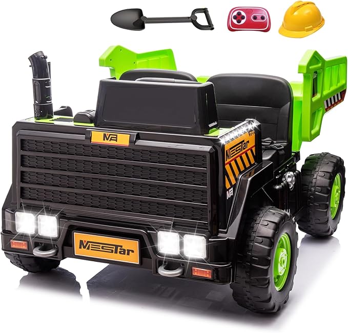 24V Ride On Dump Truck, 24inch-2 Seater Ride On Car for Kids w/Remote Control 4WD/2WD Up to 5 Mph, 24v Ride on Toys for Big Kids w/Electric Dump Bed Extra Shovel Traffic Cones (Green)