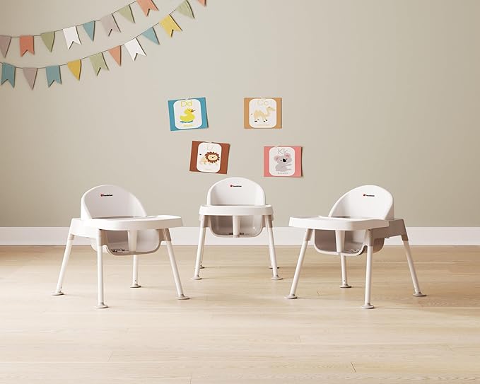 Foundations Secure Sitter Feeding Chairs Multipack, No-Tip Feet, 3-Point Adjustable Harness, Removable Tray, Easy to Clean, Stackable Feeding Chairs, 3 Pack (9 inch)