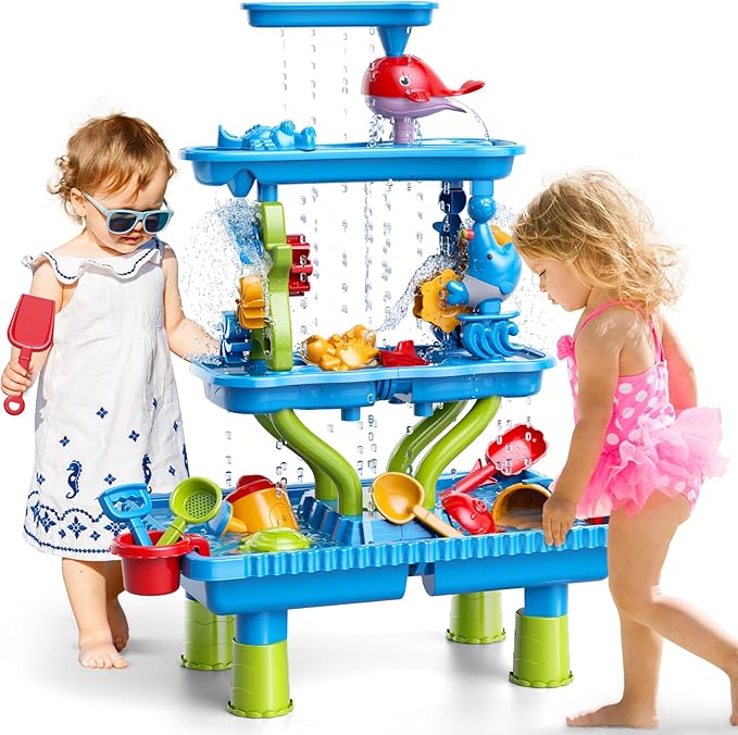 4-Tier Sand and Water Table for Kids, Outdoor Splash and Play Activity Set for Boys and Girls Ages 3 4 5 6 7 8 Years, Summer Beach & Poolside Sensory Toys for Fun Water Play