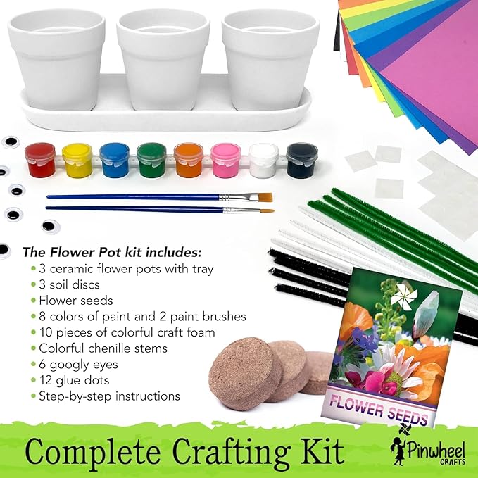 Pinwheel Crafts Flower Pot Painting Kit – Paint Your Own Kids Gardening Set with Seeds, Soil, 8 Paints, 2 Brushes & 3 Pots, DIY Plant Growing Kit for Kids Ages 8-12+, Kid Gardening Set