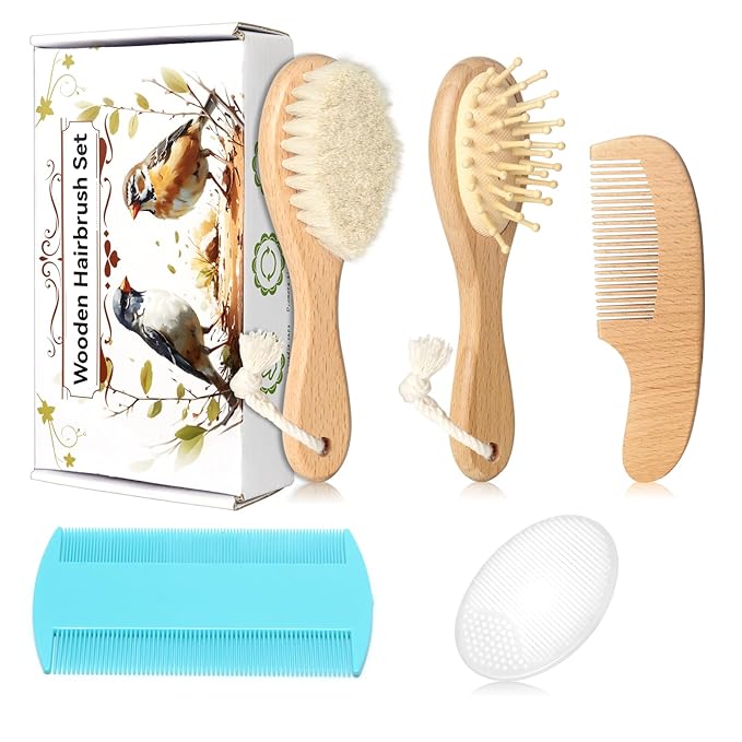Baby Hair Care Kit, 5 in 1 Wooden Natural Goat Bristles Brush Cradle Cap Comb Baby Grooming Kit for Newborns Toddlers Boys Girls Gift