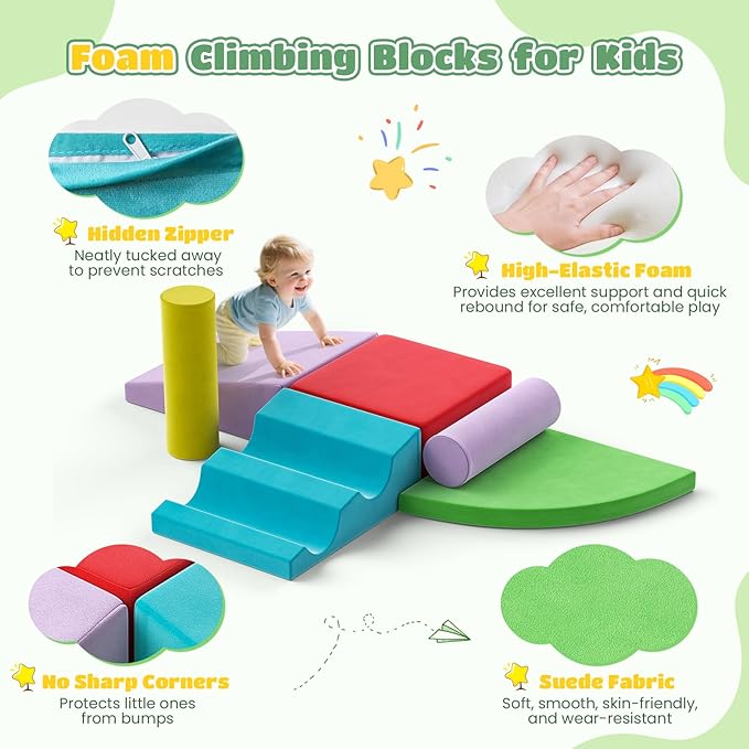 Lischwert Foam Climbing Blocks for Toddlers 1-3, 6pcs Soft Play Set with Crawling Exploration Toys, Indoor Outdoor Infant Safe Blocks for Baby Gym Toddler Playground