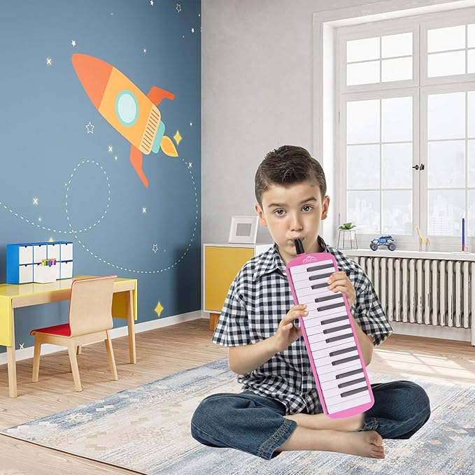 EastRock 32 Key Melodica Instrument Keyboard Soprano Piano Style with Mouthpiece Tube Sets and Carrying Bag for Kids Beginners Adults Gift Pink