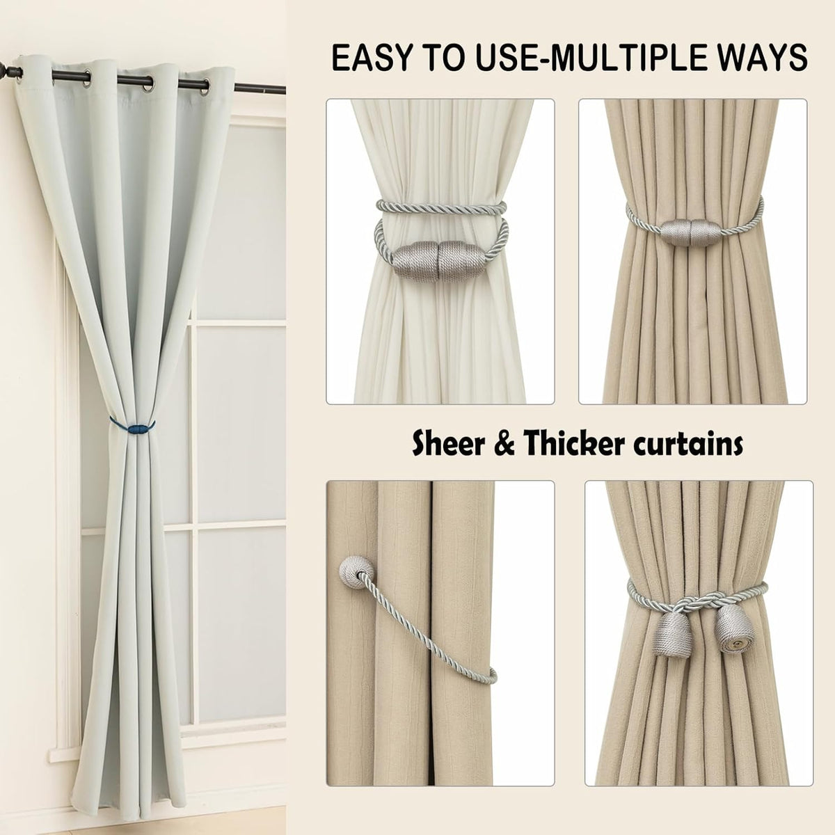 Magnetic Curtain Tiebacks Rope Curtain Tie Backs for Curtains 4 Pack Curtain Holders for Drapes Decorative Window Curtain Holdbacks, Grey