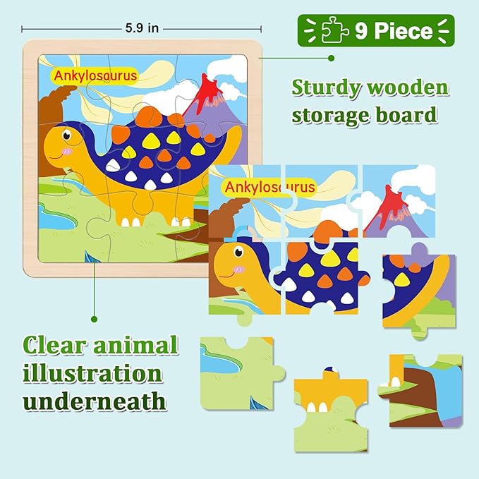 Wooden Puzzles for Toddlers 2-4, 9 Pieces Dinosaur Jigsaw Puzzles for Kids Ages 3-5, Preschool Learning Activities, Learning & Educational Toys, Gifts for Boys, Girls