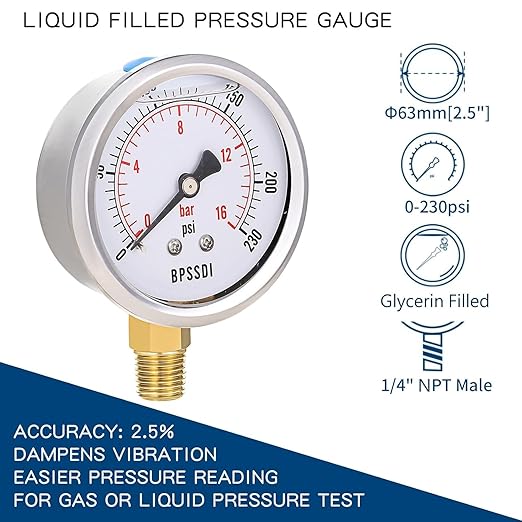 0-230 Psi Glycerin Liquid Filled Pressure Gauge, 2.5" Dial Size, 1/4" NPT Lower Mount, 304 Stainless Steel Case, for Pool Pump Sand Filter Air Compressor, Water Oil Air Pressure Test
