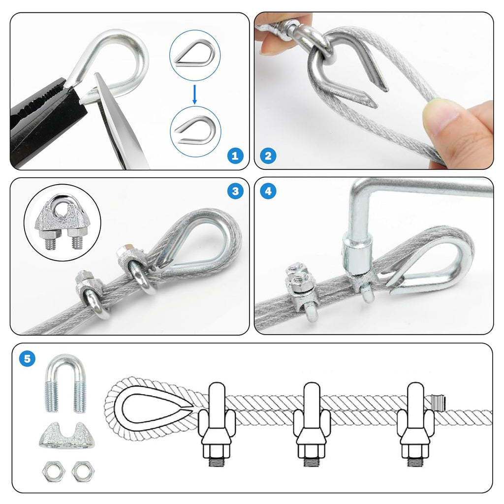 1/8" Wire Rope Kit, 100 Ft PVC Coated Steel Cable Guide Wire Tensioner Strainer Kit w/ 7×7 Strand Core Steel Wire for String Light Hanging Kit/Decking & Stair Railings/Shade Sails/Clothes Line