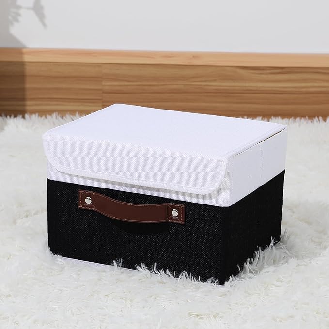 ANMINY Storage Boxes with Lids Washable Decorative Storage Bins Basket with PU Leather Handle Foldable Linen Fabric Storage Cubes Containers for Home Closet Organizer - Black White, Small Size