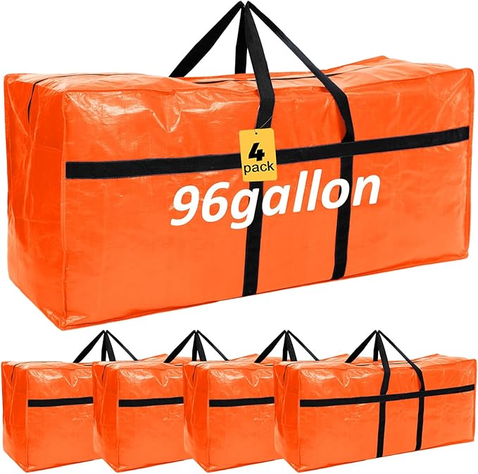4 Pcs 96 Gallon Large Moving Bags with Zipper and Handles Foldable Storage Duffle Bags Heavy Duty Extra Large Totes for College Dorm Travel Clothes Blankets Bedding Moving (Orange)