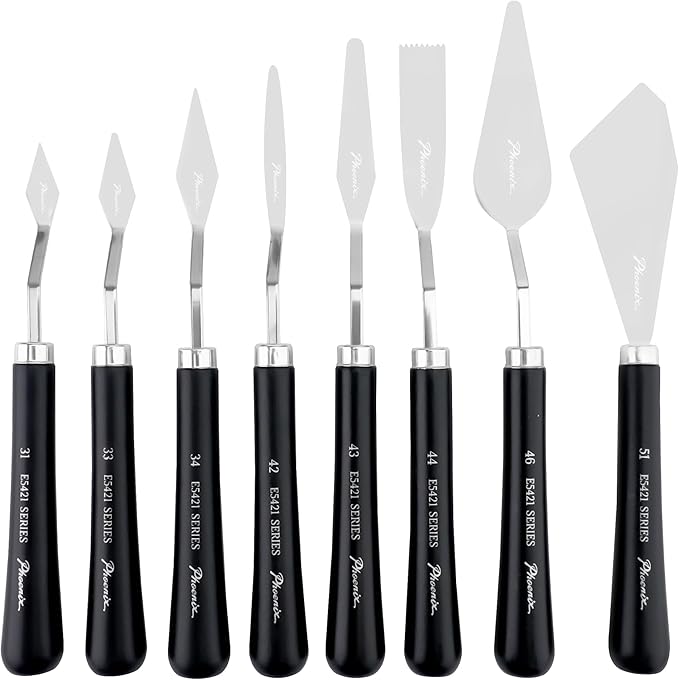 PHOENIX High Flexible Palette Knife Set, 8 Pieces Stainless Steel Painting Knives (31,33,34,42,43,44,46,51) Art Knife with Wood Handle, Paint Spatula for Oil Acrylic Paint