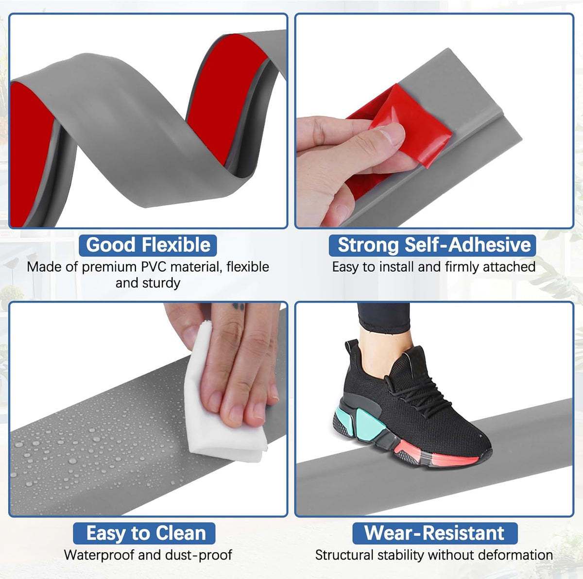 Vinyl Door Threshold Flooring Transition Strip Self Adhesive Carpet Edging Strip for Laminate Doorway Edge Threshold from 1/5" to 2/5" (Gray, 6.6 Ft)