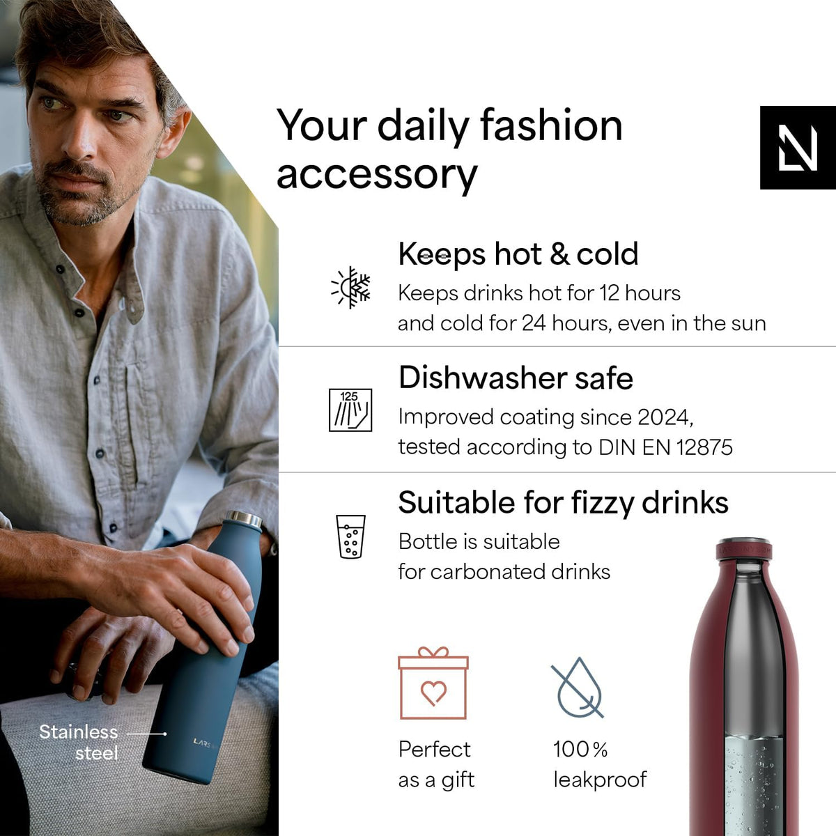 LARS NYSØM Stainless Steel Insulated XL Water Bottle 12oz 17oz 25oz 34oz 51oz | Insulated Thermo Flask for Hot and Cold Beverages | Leakproof Drinking Bottle (Berry Red, 50.7 oz)