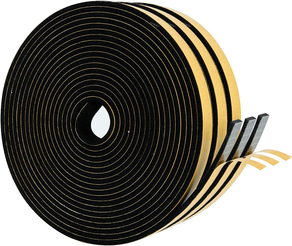 High Density Foam Weather Stripping Door Seal Strip Insulation Tape Roll for Insulating Door Frame, Window, Air Conditioner | Self Adhesive Sealing Weatherstrip (Black, 1/4 in 1/8 in 50 Ft)